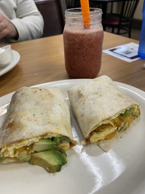 Breakfast burrito and blueberry mango smoothie