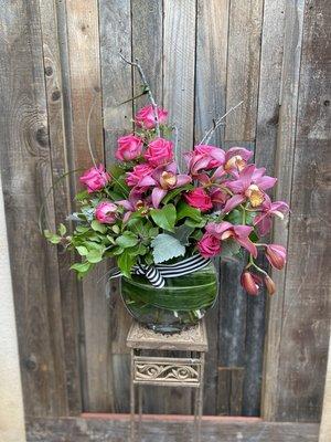 Med size rose, orchid vase arrangement