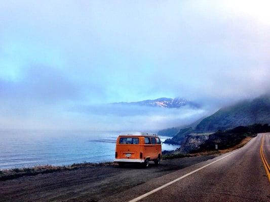 "Tateta" the Crommett family's magic bus headed up Hwy 1 toward Big Sur for some refreshing with quality parts from Bus Boys!