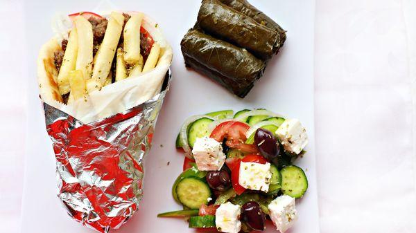 Lunch box 3 
 chicken or Beef/lamb Giros-Greek salad-Dolmas