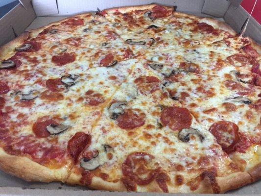 Pepperoni, mushroom and extra cheese