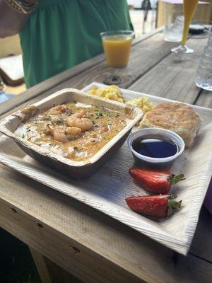 Shrimp n Grits served w/scrambled eggs and a fresh biscuit