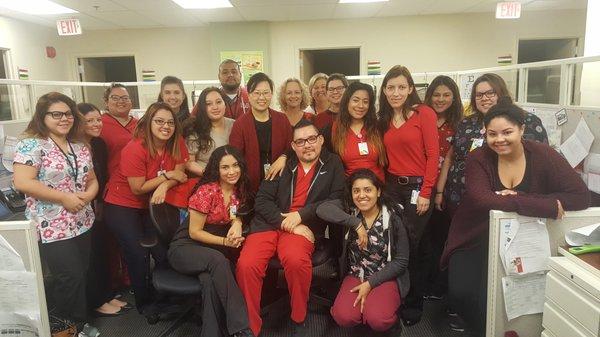 The whole team wearing red to support heart health