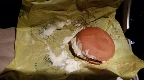 McChicken no lettuce extra mayo & cheese. OK REALLY? Can I have some chicken with my Mayo. Ugh!