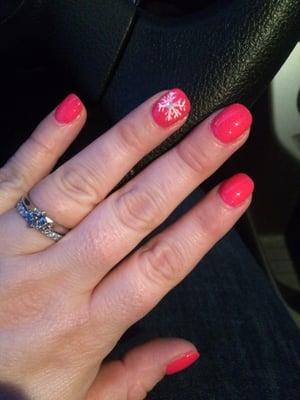 Hot pink gelish with snowflake accents.