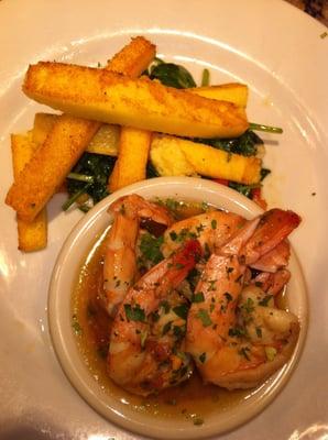 Serrano Shrimp Scampi with crispy polenta and sautéed spinach. #wagongrill