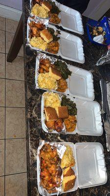 4 cheese baked Mac  Candied yams Collard greens with smoked turkey  Fried wingz and honey cornbread