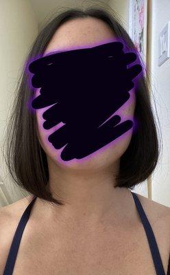 Uneven choppy hair.  This was after the stylist "fixed" their original mistake of cutting it unevenly...