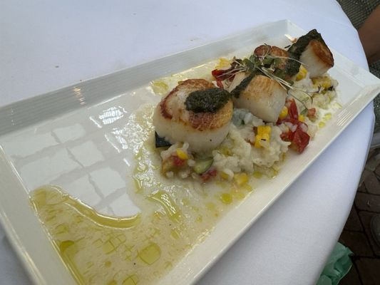 Local Viking Village Day boat Scallops- summer vegetable risotto, basil pesto