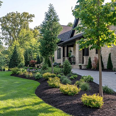 Garden tree and shrub installation with stone pavers