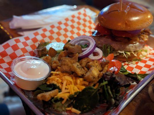 Side salad with homemade blue cheese dressing and a cheeseburger, 05/19/2023