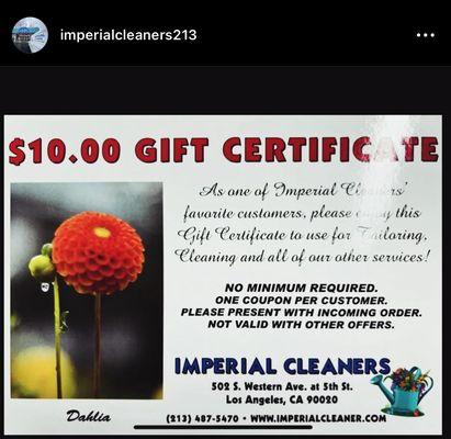 Follow us on instagram and get a $10 gift card ..
Ig: imperialcleaners213