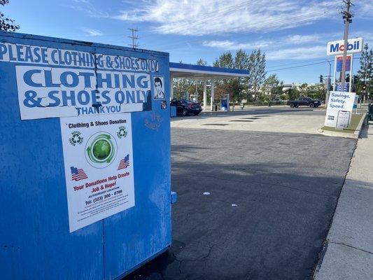 Clothing & shoe donation bin here. On the south east corner of Devonshire and Zelza.