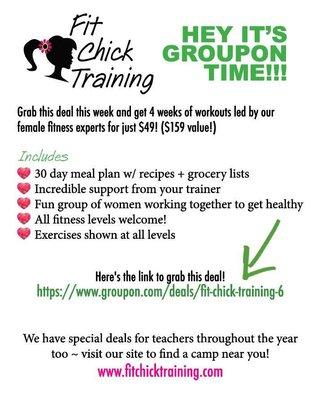 Join trainer Neda for 4 weeks of great workouts! Email: Neda@texasfitchicks.com for a FREE class to try first. Let's get training!