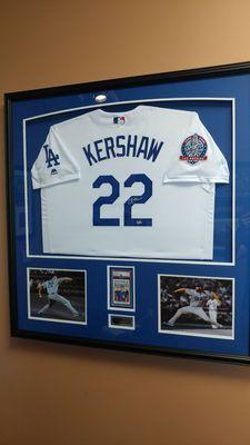 Framed Dodger Kershaw jersey with rookie card.