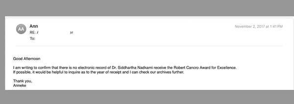 SIddhartha Nadkarni lying about winning a Robert Cancro Award per the org