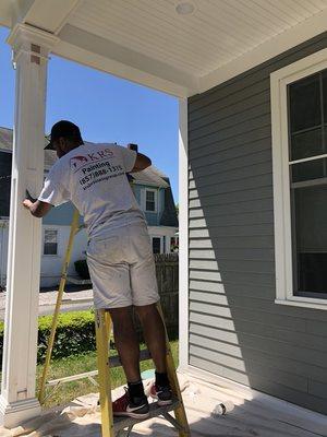 Exterior porch preparation and painting at Needham, MA.