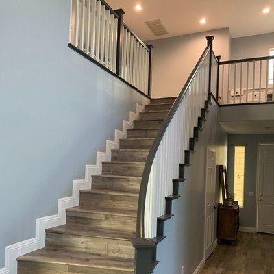 Remove that 70's carpet from your stairs, replace with beautiful modern hardwood floors and white molding and you get a new set of stairs!