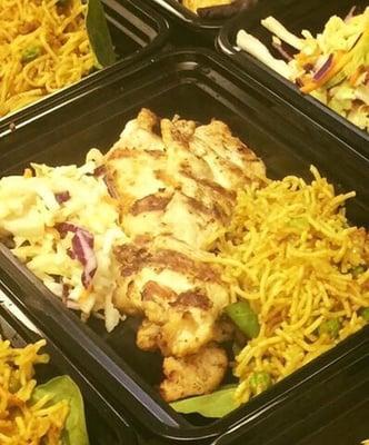 Asian grilled satay chicken skewers with curry stirfry Singapore vermacilli noodles. Flavor wow. Sub 350 calories