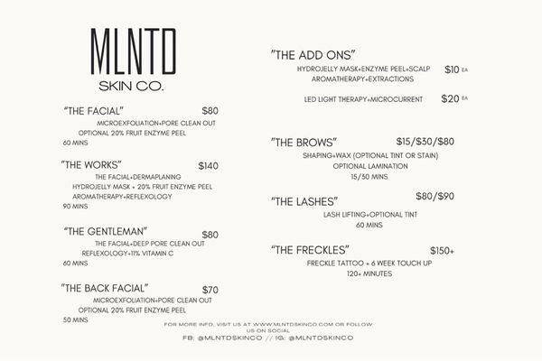 MLNTD Skin Co. Menu