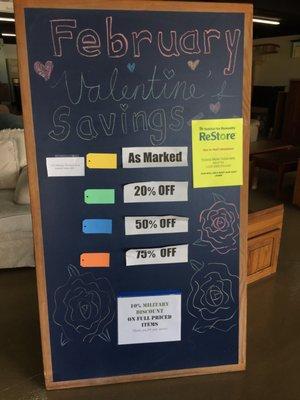 Depending on the month the ticketed prices are marked down by color! Check the board!