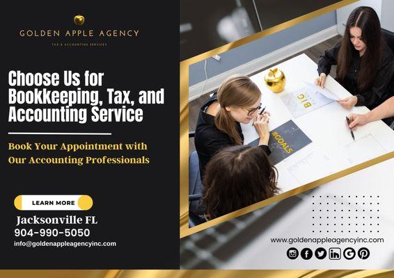 Choose Us for Bookkeeping, Tax, and Accounting Service. Book Your Appointment with Our Accounting Professionals

#goldenappleagencyinc