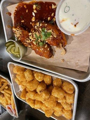 Korean wings and "Buffalo" tater tots