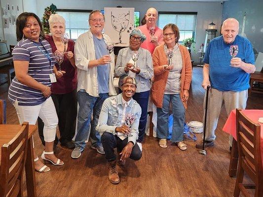 Cherry Blossom Wine Paintings with Seniors at Lindenwold Towers!