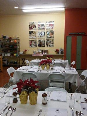 Set for a cooking lesson tonight (3 soups, and Foccacia). Students eat what they made, or what instructor demonstrated.