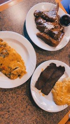 French Toast, "bacon", and Scrambled Eggs