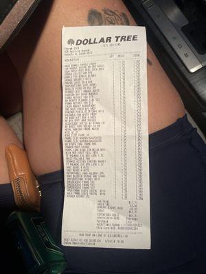 Dollar tree receipt with store number. Time and date for references.