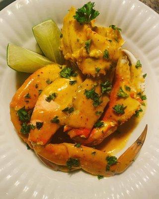 Dungeness crab topped a garlic and chili sauce.