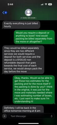 Messages back and forth confirming packing and what this includes