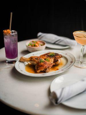 A Study in Violet and Roasted Chicken with summer snap pea sidecar