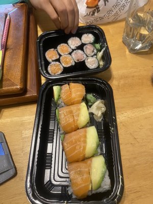 Salmon, yellowtail and sunrise roll.