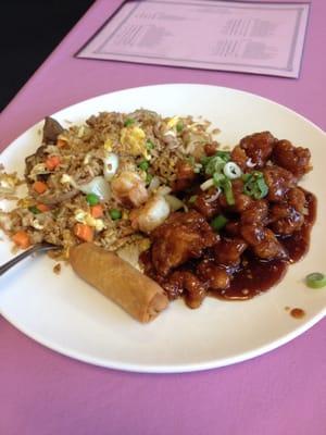 General chicken lunch special with house fried rice. House fried rice is an extra 2.50. But worth it.