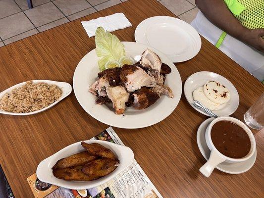 Rotisserie Chicken , sweet plantain, frijoles (beans) and arepa !