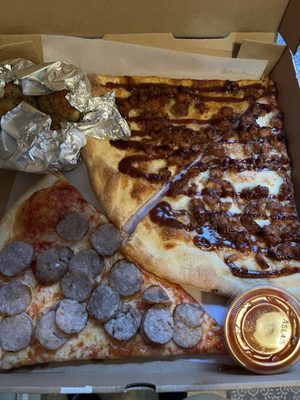 BBQ Chicken Pizza Slice  Sausage slice Garlic Knots