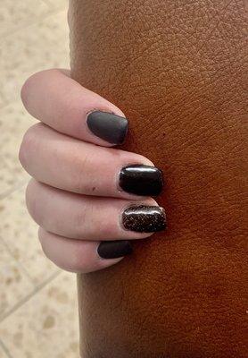 Dip manicure matte black, gloss black and a suggested glitter black that I took a chance on and I love it!