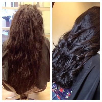 Before and After extensions. razor cut, shampoo, and finish!