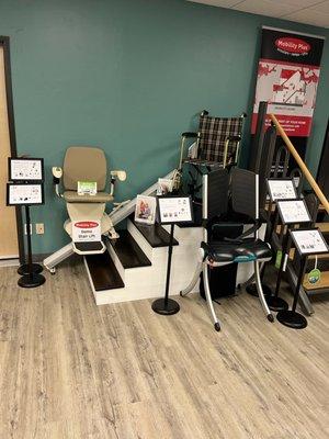 Mobility Plus has a stairlift demo to ride and see how it feels.