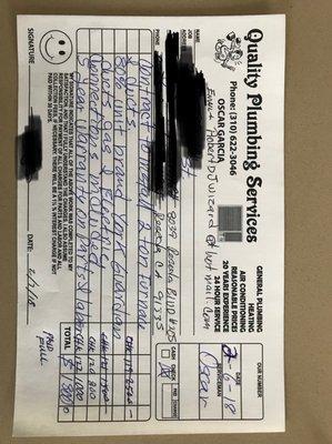 receipt for his services HVAC