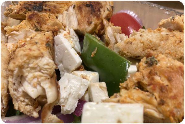 Greek salad with grilled chicken. And their poor excuse for "feta" cheese.