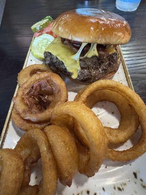 JB Burger- cheese/bacon.  Upgrade cost for rings