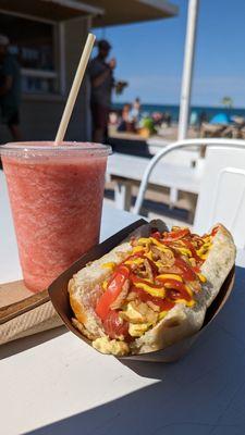 Strawberry daiquiri and Danish Dog