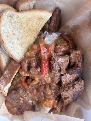 Red beans rice and beyond sausage and toast