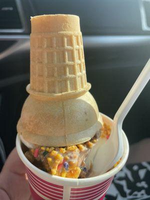 Upside down small crunch cone in bowl.