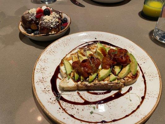 Avocado toast and biscuits with chocolate gravy.