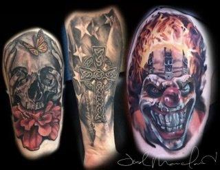 color realism tattoos, black/grey tattoos, clown face, twisted metal, skull tattoo, monarch butterfly, celtic cross, American flag