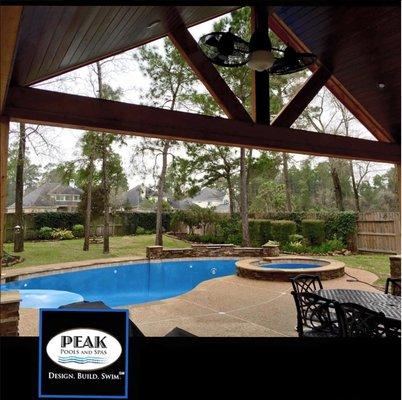 Free form pool with hot spa and water features, outdoor kitchen patio, plaster install set. - Peak Pools and Spas